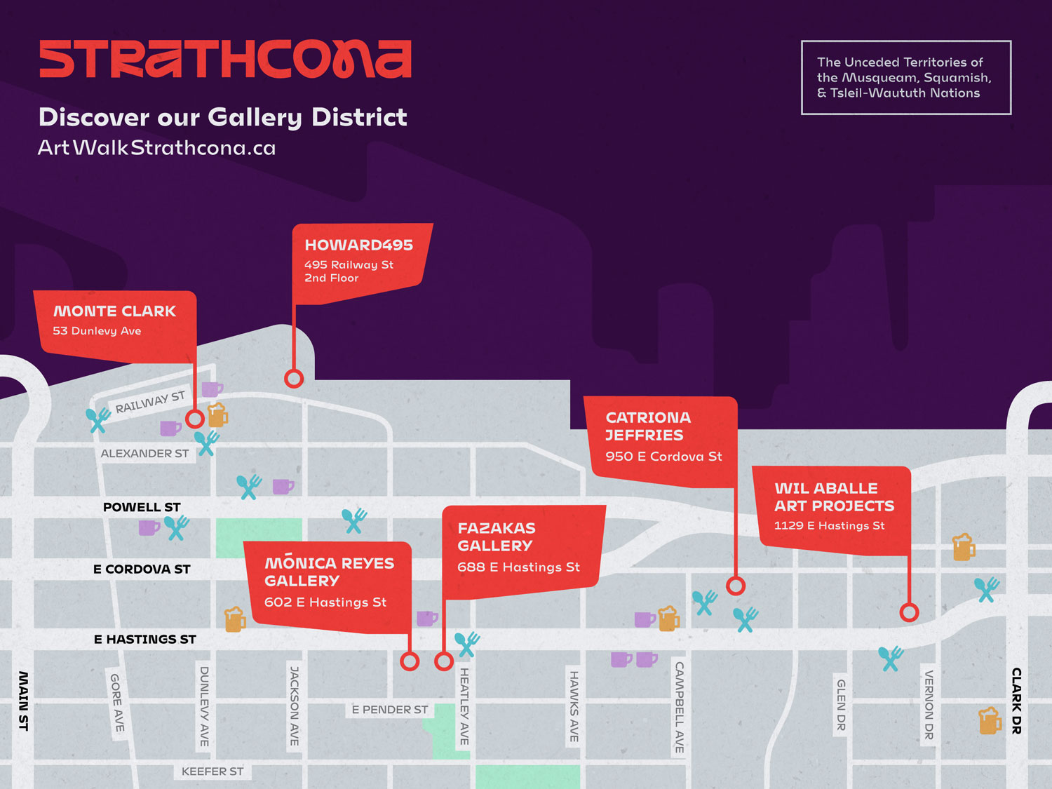 A Map of Strathcona showcasing the locations of our contemporary art galleries.