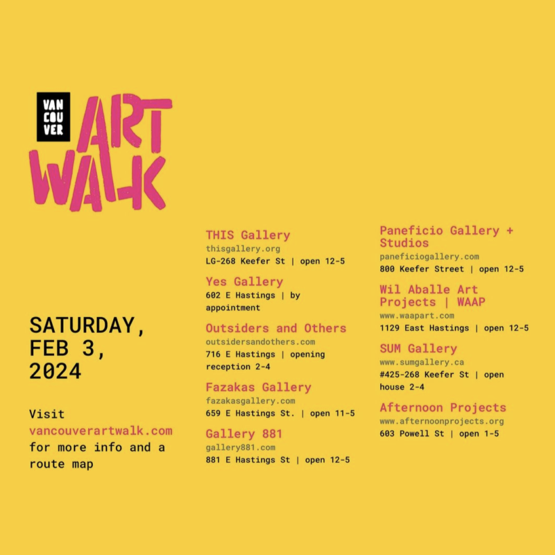 Vancouver Art Walk exhibiting galleries on Saturday February 3, 2024
